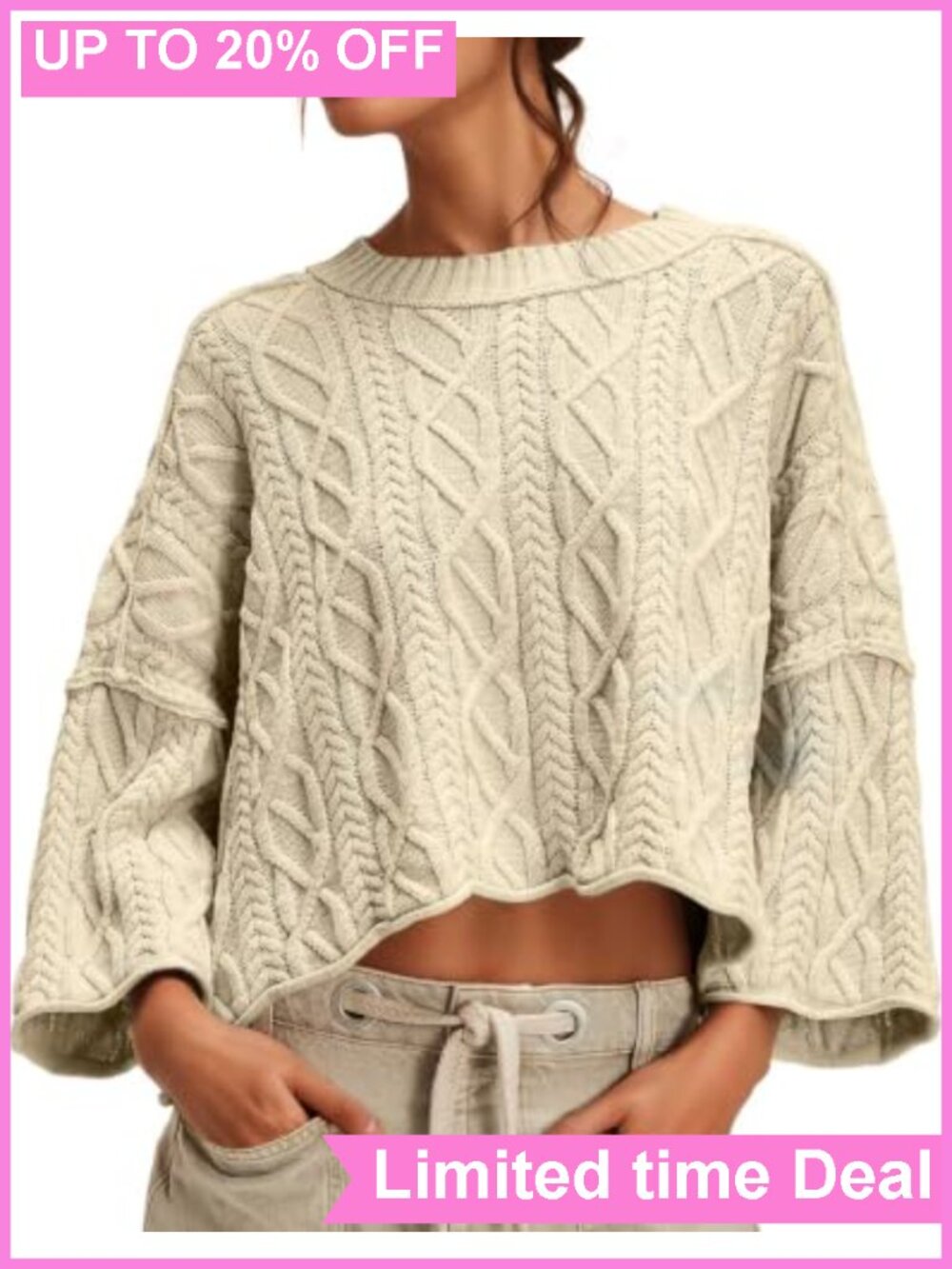 Womens Cable Knit Cropped Sweater Oversized Long Sleeve Pullover